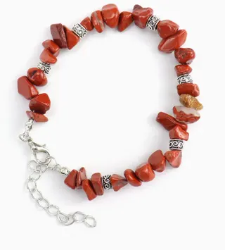 Natural Stone Bracelet Women - Red Agate Rough Beads Boho Ethnic Style with Silver Carved Spacer Beads, Adjustable Lobster Clasp Extender Chain 18+5cm