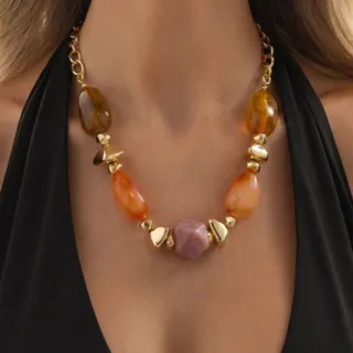Statement Geometric Chain Necklace, Gold Plated Alloy Twist-Link Collar Necklace, Adjustable 45+5cm, Vintage Luxury Chunky Chain for Women