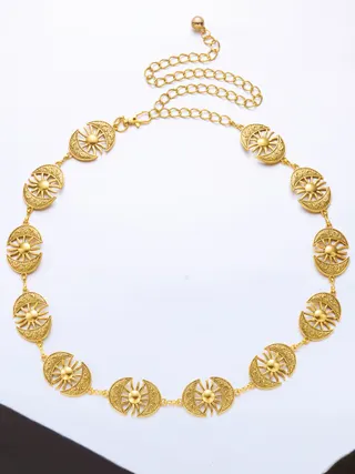 Sun and Moon Necklace, Boho Vintage Gold Tone Openwork Sun Moon Chain, 110cm Long Layering Sweater Chain, Zinc Alloy 18K Gold Plated, Women's Statement Pendant Necklace