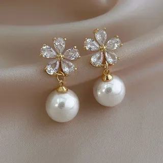Flower Pearl Drop Earrings - 18K Gold Plated Alloy with Rhinestone Petals & Imitation Pearl, Elegant French Vintage Dangle Earrings for Wedding Party Daily Wear (Pair)