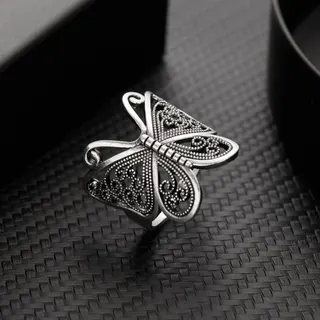 Vintage Butterfly Ring, Open Adjustable, Hollow Filigree Beaded Design, Antique Silver Alloy, Gothic French Style Finger Ring for Women