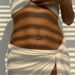 Double Layer Crystal Chain Body Chain, Gold Plated Alloy Belly Chain with Zirconia Drop Pendants, Adjustable 80+20cm Waist Chain for Swimwear & Vacation