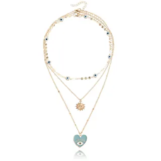 Layered Evil Eye Necklace Women, 18K Gold Plated Alloy Multi-Strand Choker with Heart & Sun Nazar Pendant, Boho Statement Lariat Chain