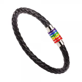 Pride Rainbow Leather Braided Bracelet with Magnetic Clasp - Brown Genuine Leather & Copper Rainbow Beads, LGBTQ Pride Month Gift for Women Men, 23cm