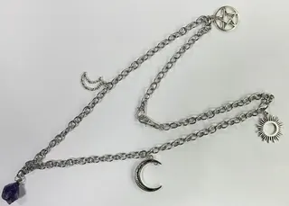 Moon Star Sun Double Layer Bag Charm Chain - Alloy Silver Plated with Rhinestone Crescent Moon, Pentagram & Sun Pendants, Purple Stone Drop, Bohemian Retro Purse Accessory