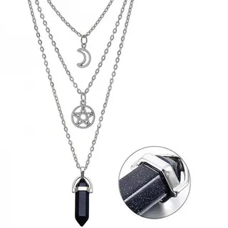 3-Layer Locket Necklace with Hollow Moon, Pentagram & Pink Hexagonal Crystal Pendant, White Gold Alloy Multi-Strand Choker for Women, 40-50cm