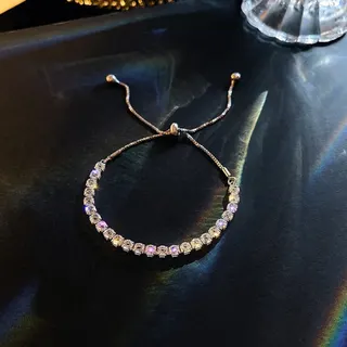 Luxury Full-Paved Crystal Adjustable Slide Bracelet for Women, S175 Silver Plated Copper with Micro-Set Rhinestones, Sparkly Stretch Cord ~24cm, Birthday Gift