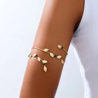 Gold Leaf Vine Cuff Bracelet - Double Layer Open Arm Cuff with Green Zircon Leaves, 18K Gold Plated Alloy, Boho Nature Jewelry for Women