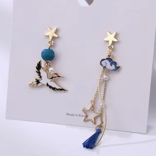 Asymmetric Crane Cloud Star Tassel Earrings Women, Gold Plated Enamel with Fake Pearl, Korean Style Long Dangle Ear Hooks, Pair