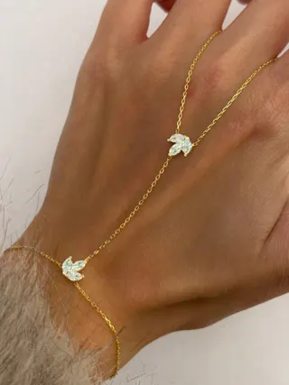 Leaf Zircon Bracelet for Women - 18K Gold Plated Stainless Steel Fine Chain, Hand/Finger Chain 18+8cm, Hypoallergenic Tarnish-Free, Elegant Stackable Jewelry Gift