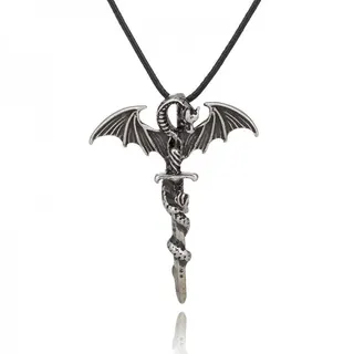 Gothic Glow in the Dark Dragon Necklace, Vintage Bat Wing & Sword Pendant, Antique Silver Alloy with Black Braided Leather Cord, Halloween Punk Jewelry