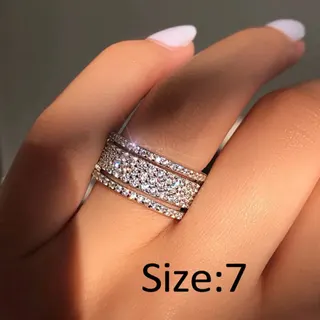 Pavé Zircon Ring for Women - Wide Multi-Row Micro-Paved Cubic Zirconia Band, White Gold Plated Alloy, Size 7, Sparkly Stacking Ring