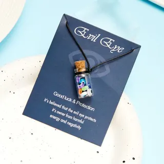 Evil Eye Glass Bottle Pendant Necklace, Boho Cork Stopper Charm on Black Wax Cord, Good Luck & Protection Amulet, Approx 60cm, Gift Card Packaging