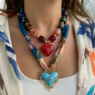 Vintage Heart Necklace Set for Women - Stainless Steel Gold Plated Scarf Wrap & Acrylic Beaded Double Layer Long Chain, Boho Beach Style 2-Piece Set