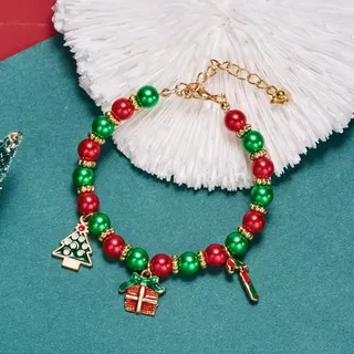 Christmas Bracelet for Women Santa Claus Enamel Charm Red Green Beads Alloy 18K Gold Plated Adjustable Lobster Clasp Holiday Gift Jewelry