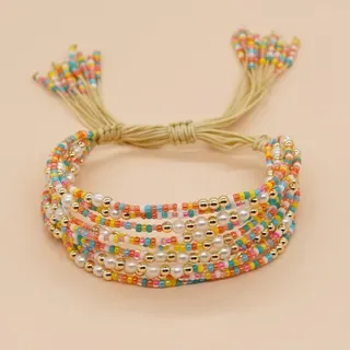 Multilayer Beaded Bracelet with Faux Pearl & Macaron Seed Beads, Bohemian Braided Tassel Adjustable Women's Bracelet 28cm
