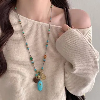 Boho Vintage Turquoise Beaded Necklace with Teardrop Pendant, 70cm Long Layered Statement Chain, Blue Green Color-Block Alloy & Acrylic Jewelry for Women