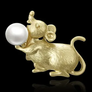 Rat Zodiac Pearl Brooch, Matte Gold Animal Pin, Cute Mouse Jewelry with Pearl, Lucky New Year Gift, Alloy & Pearl Fashion Accessory