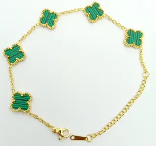 Luxury Four Leaf Clover Bracelet for Women, Stainless Steel 18K Gold Plated, Green Turquoise-Inlay Vintage Chain Bracelet with Adjustable Extender, Gift for Her