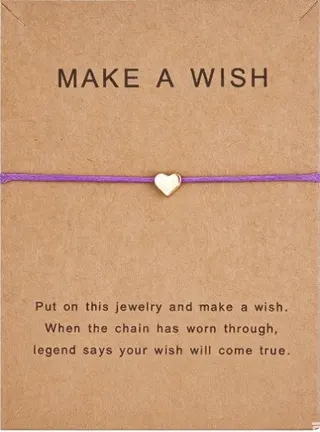 Make a Wish Heart Braided Bracelet, Copper 18K Gold Plated, Adjustable Purple Cord 15-30cm, Kraft Card Gift Packaging, for Women Girls Couple