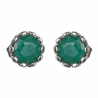 Crown-Style Natural Stone Stud Earrings - White Gold Plated Round Green Gemstone Earrings, Vintage Royal Claw-Set, 0.7cm, Sold by Pair