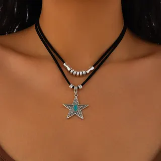 Boho Star Necklace with Turquoise Inlay, White Gold Alloy Five-Point Star Pendant, Double Black Cord Layered Choker, Vintage Ethnic Jewelry 36+7cm