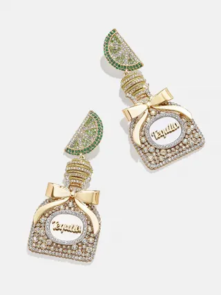 Luxury Tequila Bottle Earrings with Bow, Rhinestone Crystal Dangle Earrings, Gold Plated Alloy Vintage Jewelry Gift for Women