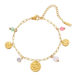 Stainless Steel Charm Bracelet 18K Gold Plated - Hammered Disc + Pearl + Crystal Beads, Adjustable Hypoallergenic Chain Bracelet for Women, Gift Ready