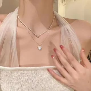 Double Layer Pearl Heart Necklace for Women, 18K Gold Plated Alloy with Zircon Heart Pendant, Adjustable 45+5cm, Elegant Layered Choker for Gift