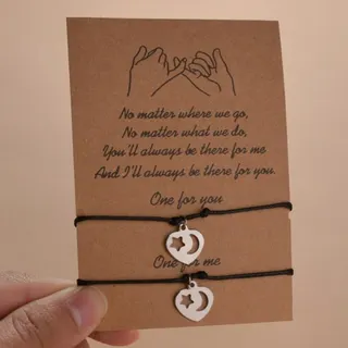 Couples Bracelet Set - Star Moon Heart Cutout Charm, Adjustable Black Cord Wristband, Alloy Silver Plated, with Gift Card (Pair of 2)