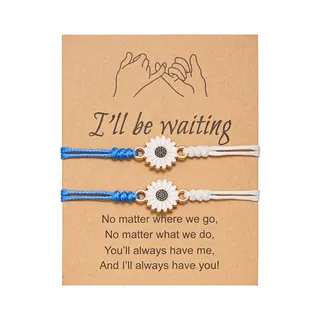 Blue & White Woven Daisy Bracelet Set of 2, Adjustable Braided Cord with Alloy Flower Charm, 'I'll Be Waiting' Gift Card, Couple Best Friend Jewelry