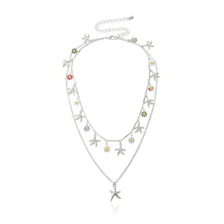 Vintage Ocean Starfish & Daisy Double Layer Necklace, Gold-Plated Alloy with Colorful Enamel Flowers, Adjustable 32/42cm Clavicle Chain for Women