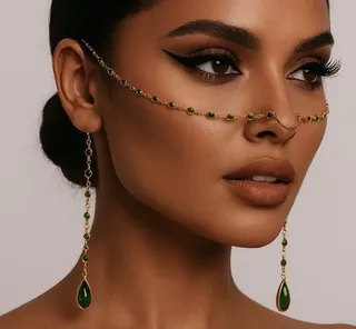 Luxury Green Crystal Tassel Face Chain, 18K Gold Plated Alloy Bridal Party Facial Jewelry, Water Drop Pendant Face Necklace