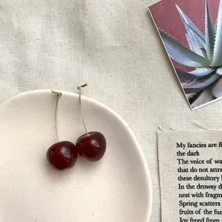 Cherry Fruit Earrings, Wine Red Translucent Resin Cherry Dangle Earrings with Gold-Plated Alloy Post, Sweet Vintage Cute Ear Studs, Pair, 2x5.2cm