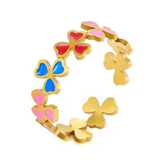 Heart Enamel Adjustable Open Ring, White Gold Plated Stainless Steel, Macaron Colorful Drip Paint Love Heart Finger Ring, Size 7