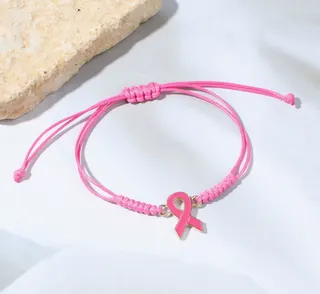 Pink Ribbon Bracelet Breast Cancer Awareness Handmade Braided Adjustable Cord Wristband with Alloy Charm 16-32cm Gift for Women