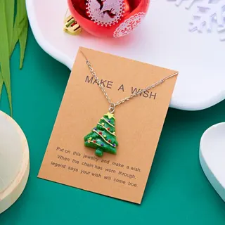 Christmas Tree Necklace for Women, Cute Resin Christmas Tree Pendant on Alloy Chain, Adjustable Length, Festive Holiday Gift with Make a Wish Card