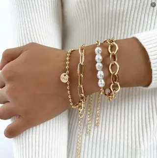 Pearl Bracelet Set of 4 - 18K Gold Plated Alloy & Imitation Pearl Stackable Bracelets with LOVE Charm, Women's Jewelry Gift Set (18cm)