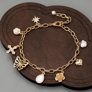 Camellia Butterfly Charm Bracelet - Vintage French Style Multi-Charms Gold Plated Alloy Bracelet with Mother of Pearl & Faux Pearl, Adjustable 25cm Women's Jewelry