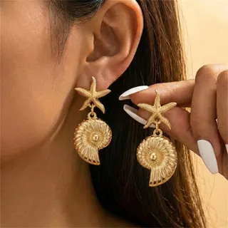 Gold Starfish & Nautilus Shell Drop Earrings, Vintage Boho Beach Jewelry, Alloy 18K Gold Plated Dangle Earrings for Summer Vacation