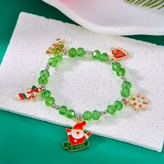 Christmas Crystal Bead Bracelet with Santa Snowman Snowflake Charms, Red Alloy Enamel Charm Bracelet, Holiday Gift Jewelry 18cm