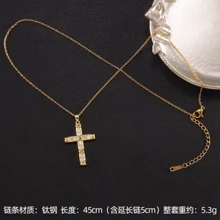 Gold Cross Necklace for Women, Rhinestone Inlay Pendant Chain, 18K Gold Plated Tarnish-Free, Adjustable 45cm+5cm Clavicle Chain, Religious Vintage Gift Jewelry