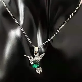 Hummingbird Zircon Pendant Necklace, Alloy Silver Plated with Green Teardrop Gemstone, Adjustable 45+5cm Clavicle Chain for Women
