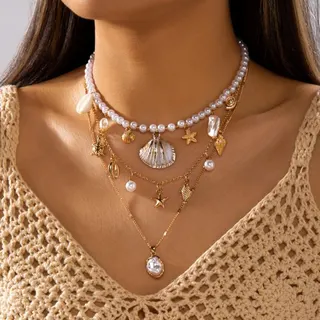 Boho Beach Pearl Necklace Set 3 Layers - Gold Shell Starfish Conch Fish Charms with Baroque Pearl Pendant, Vacation Layered Choker Necklace for Women