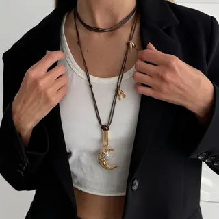 Vintage Statement Star Moon Pendant Multi-Layer Wax Rope Necklace, 18K Gold Plated Alloy, 190cm Long Boho Layered Chain, Brown Braided Cord Crescent Moon & Star Necklace for Women