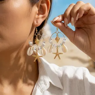 Boho Beach Shell Starfish Dangle Earrings, Gold Alloy with Crystal Beads, Vacation Statement Earrings for Women