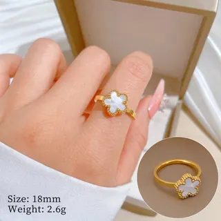 Vintage Floral Ring for Women, 18K Gold Plated Titanium Steel with Mother of Pearl Inlay, Four-Petal Beaded Flower Design, 18mm Hypoallergenic Jewelry