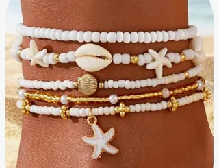 5 Pcs Ocean Starfish Shell Beaded Anklet Set for Women, White & Gold Boho Beach Ankle Bracelets, Adjustable Summer Vacation Jewelry Gift