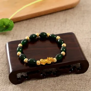 3D Hard Gold Pixiu Bracelet for Women, Imitation Hetian Jade Dark Green Bead 8mm Beaded Hand Chain, Lucky Wealth Attracting New Chinese Style Alloy Jewelry