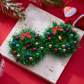 Christmas Wreath Earrings with Red Bow, Colorful Beads & Gold Bell, Green Tinsel Hoop Dangle Earrings for Holiday Party